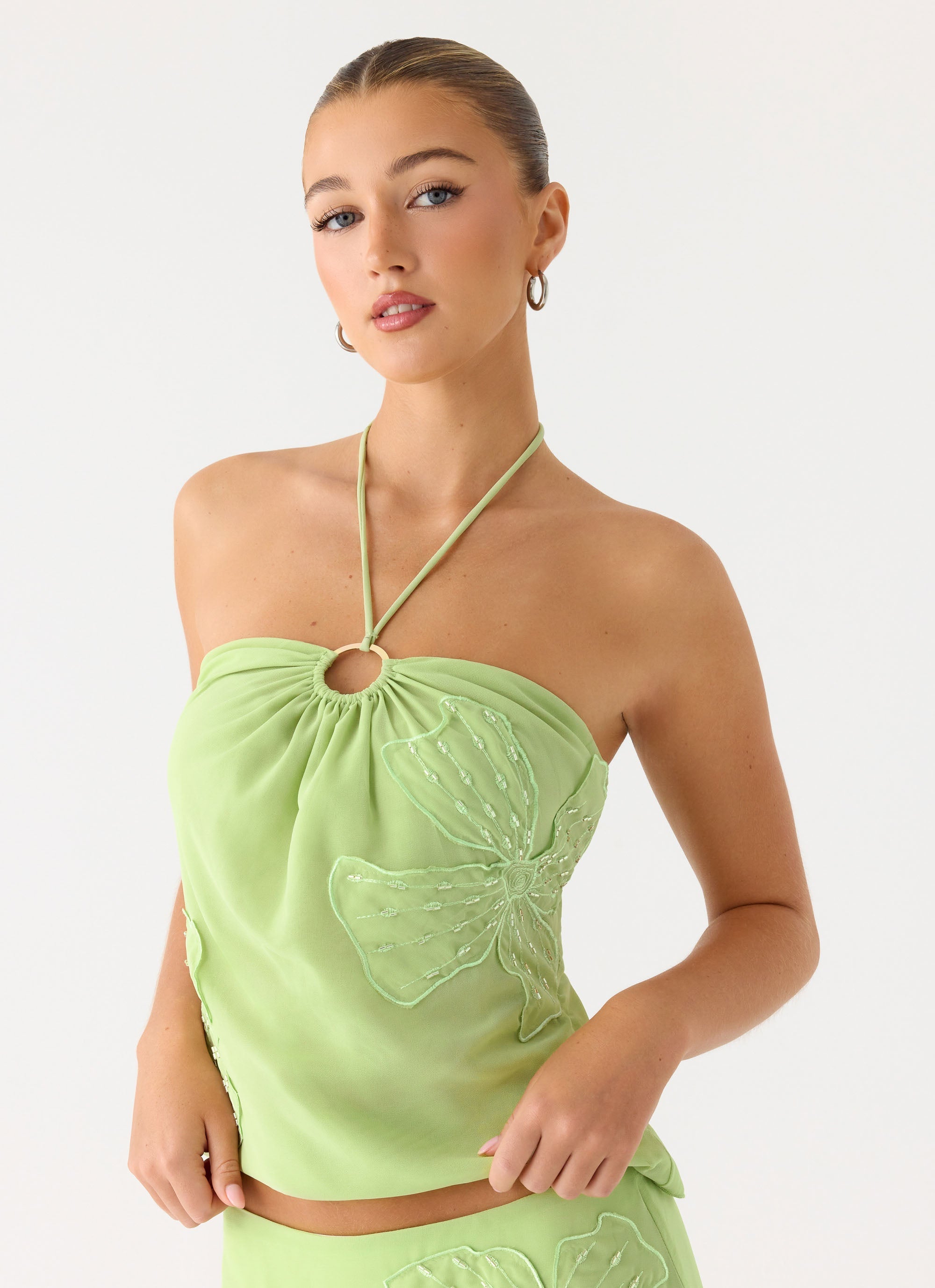Teneika Beaded Flower Top - Lime