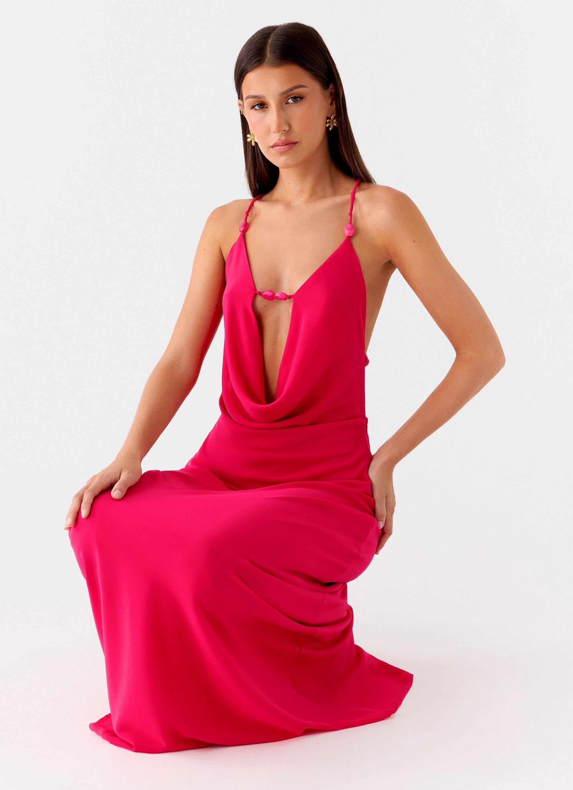 Tropic Muse Beaded Cowl Maxi Dress - Fuchsia