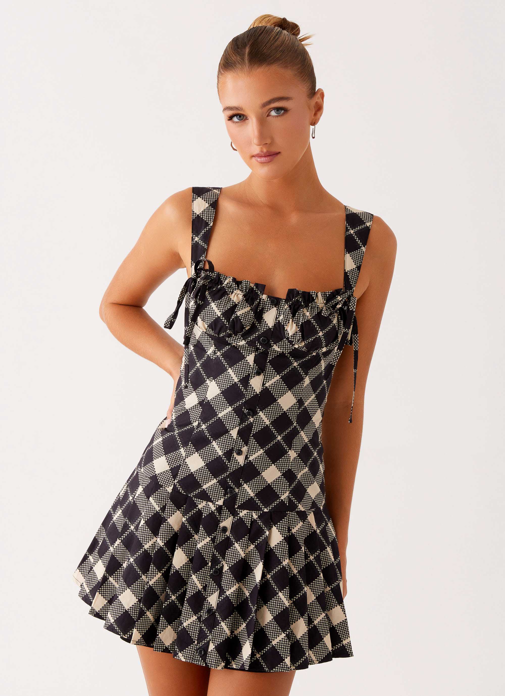 Tuni Cotton Mini Dress - Taupe Check