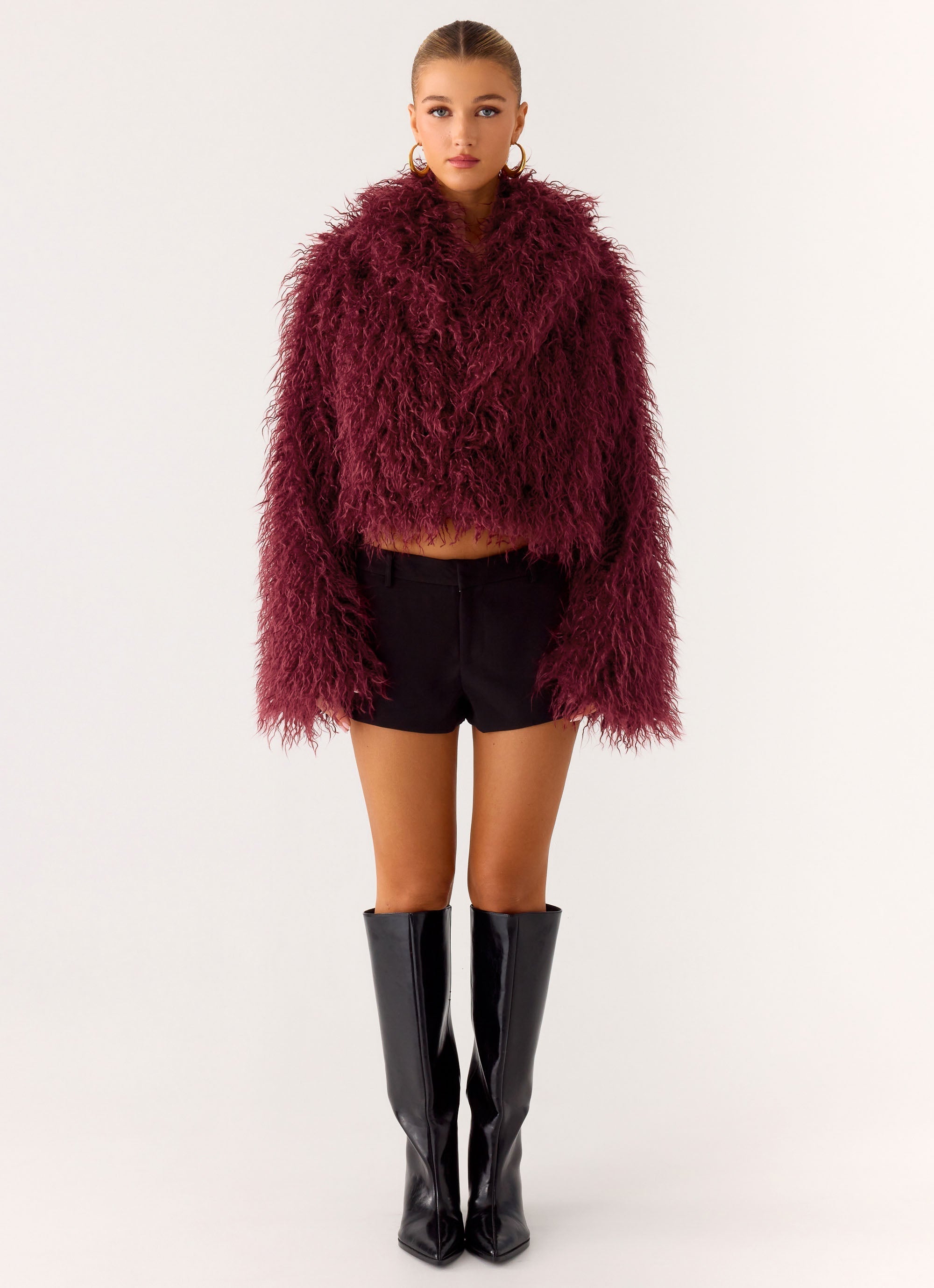 Virginia Cropped Faux Fur Jacket - Maroon