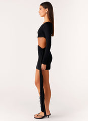 Wrapped Asymmetrical Mesh Dress - Black